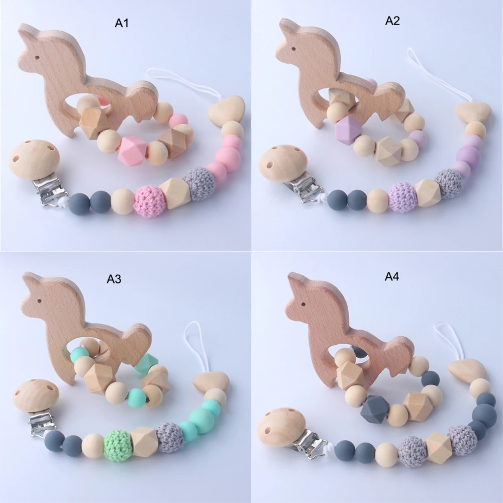 Baby Handmade Silicone Pacifier Chains Beech Toy Silicone Nipple Chain Set Wooden Infant Baby Teether supplies