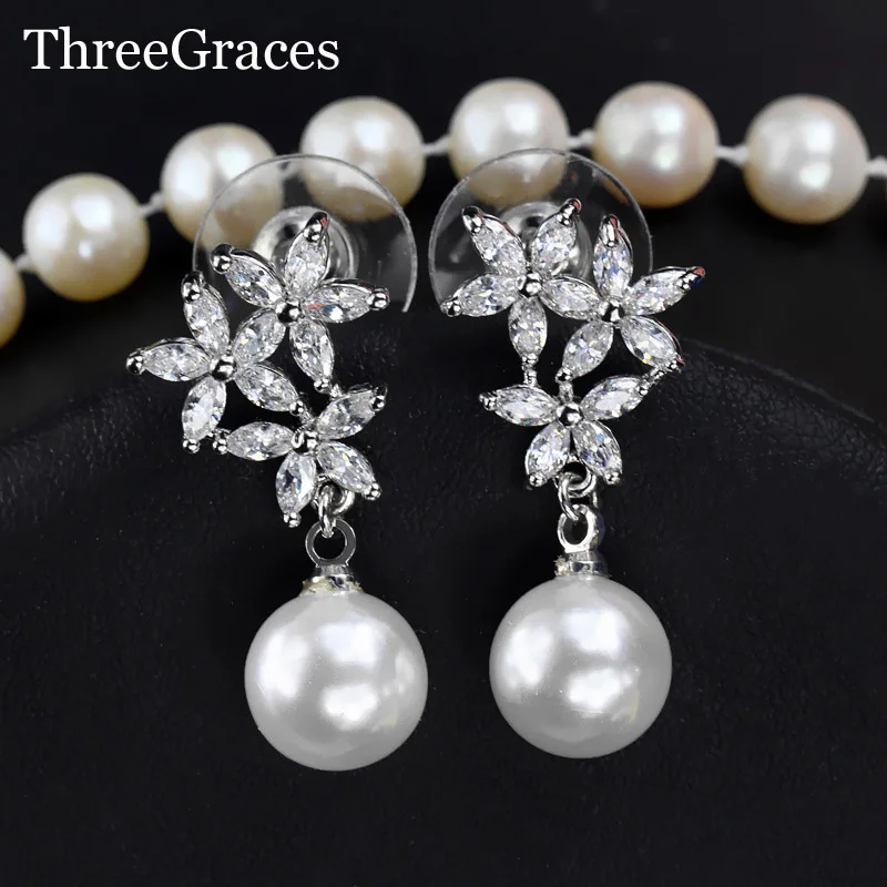 

ThreeGraces Romantic Women Jewelry Gifts Silver Color Cubic Zirconia Cute Tree Flower Earrings With Synthetic Pearl ER300