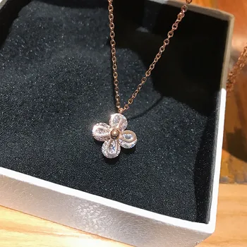 

YUN RUO Luxury Zircon Flower Pendant Necklace Woman Stainless Steel Jewelry Gift Rose Gold Silver Color Never Fade Dropship 2019