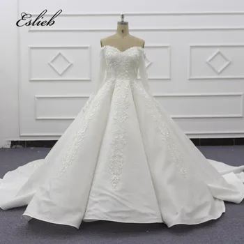 شراءEslieb طويلة الأكمام فستان الزفاف الفاخرة الكرة ثوب زي العرائس مخصص الرباط يزين فساتين الزفاف 2019 SJ113