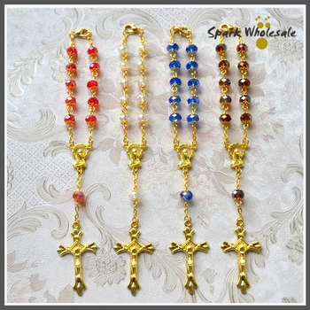 

25pcs/lot Catholic One Decade Rosary Bracelet Multi Colored Gold Capped Glass Beads Jesus Cross Virgin Mary Rosary Baptism Favor