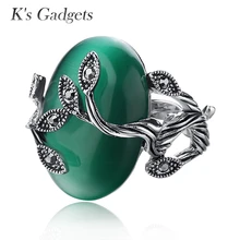 K’s Gadgets Carved Ring Antique Silver Plate Natural Green opal Jewelry Vintage Retro Rings Zircon Big Stone Ring For Women