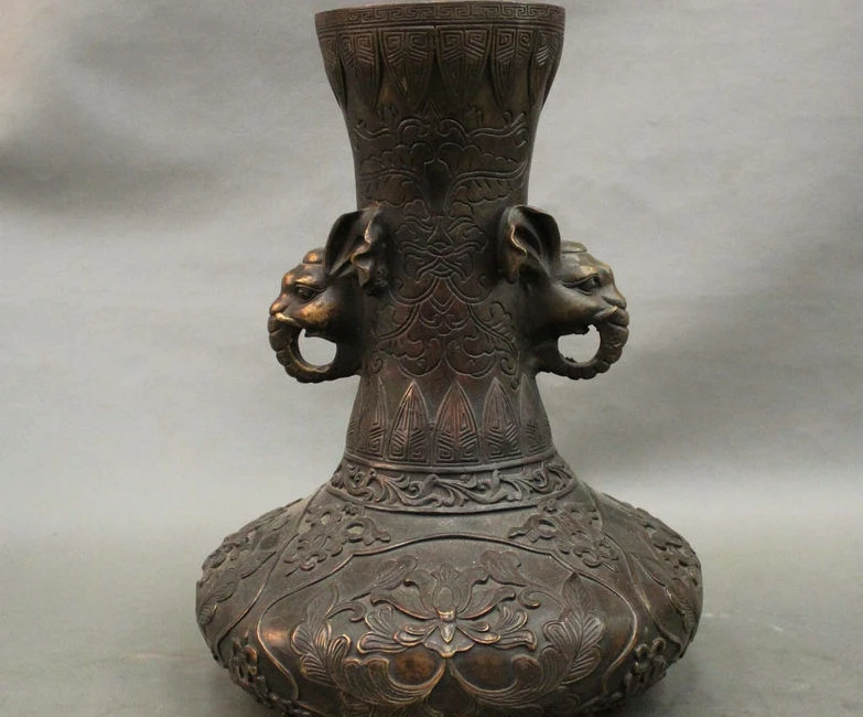 

12" Marked China Bronze Flower Elephant Head Auspicious Statue Vase Bottle Pot