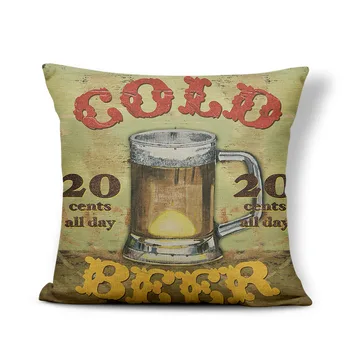 Retro Poster Cushion Cover Watercolor Bar Cold Beer Man Cave Pillow Case Cover Decor Home Throw Pillow Large Linen Blend Funny