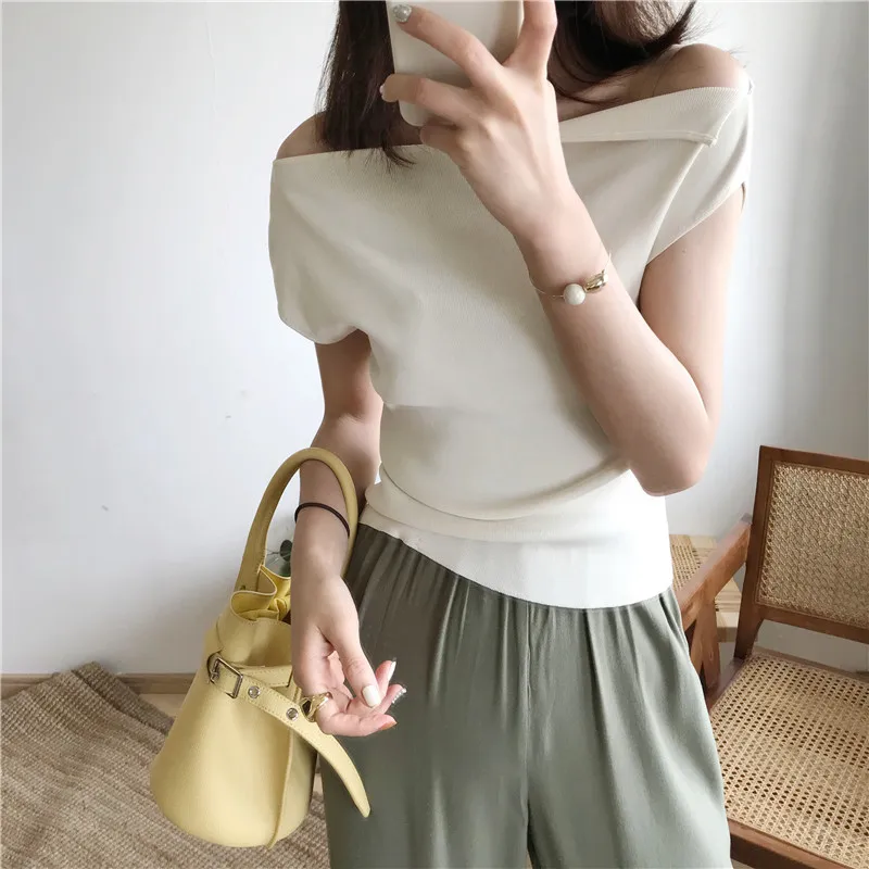 

tee shirt femme,camisetas mujer manga corta,women tshirt,2019 new knit short-sleeved one-line shoulder T-shirt
