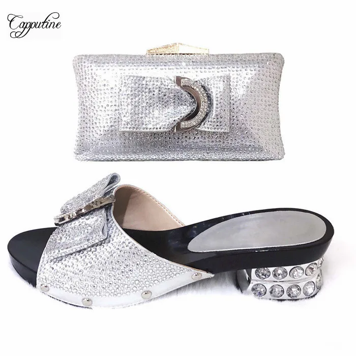 

Amazing silver slippers with bag set fashion shoes and purse set for evening party CSB13 size 37-43