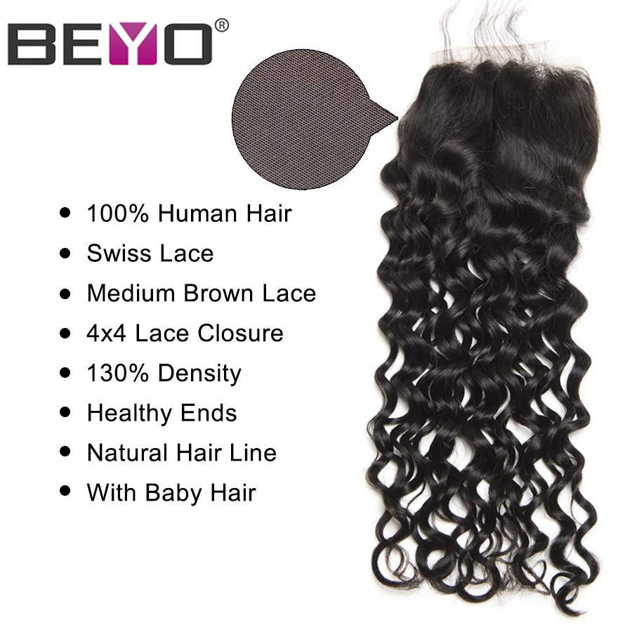 Beyo перуанская волна кружево синтетическое закрытие волос 4x4 свободная часть человеческие волосы синтетическое закрытие волос с