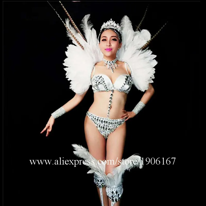 Female singer plays Dj Ds catwalk gogo bikini feather stage costume1