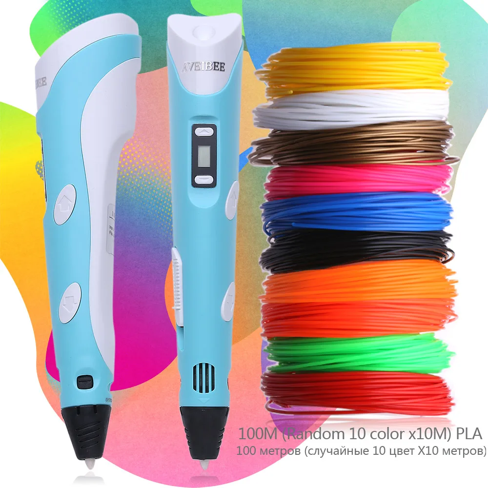 

Original Blue Printer 3D Printing Pen With Led 3 D Drawing Pens With 100 Meter 10 Color PLA Filaments Magic Art For Student Gift