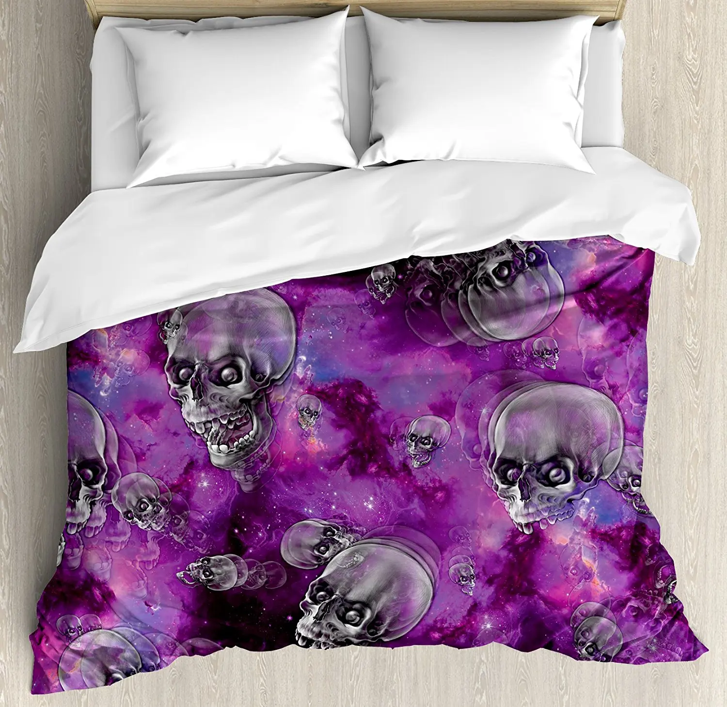 

Skull Decor Duvet Cover Set Horror Movie Themed Flying Skull Heads Halloween in Outer Space Image 4 Piece Bedding Set