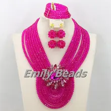 Фуксия Африканский Кристалл Бусины Свадебные Цепочки и ожерелья комплект ювелирных изделий Африканский костюм в нигерийском стиле свадебный комплект ювелирных изделий aej653