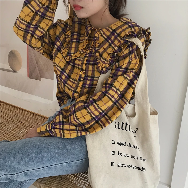 

Women's Shirts Kawaii Girl Ulzzang Butterfly Collar Plaid Long Sleeve Shirt Lady Ulzzang Harajuku Ins Top For Women Casual Tunic