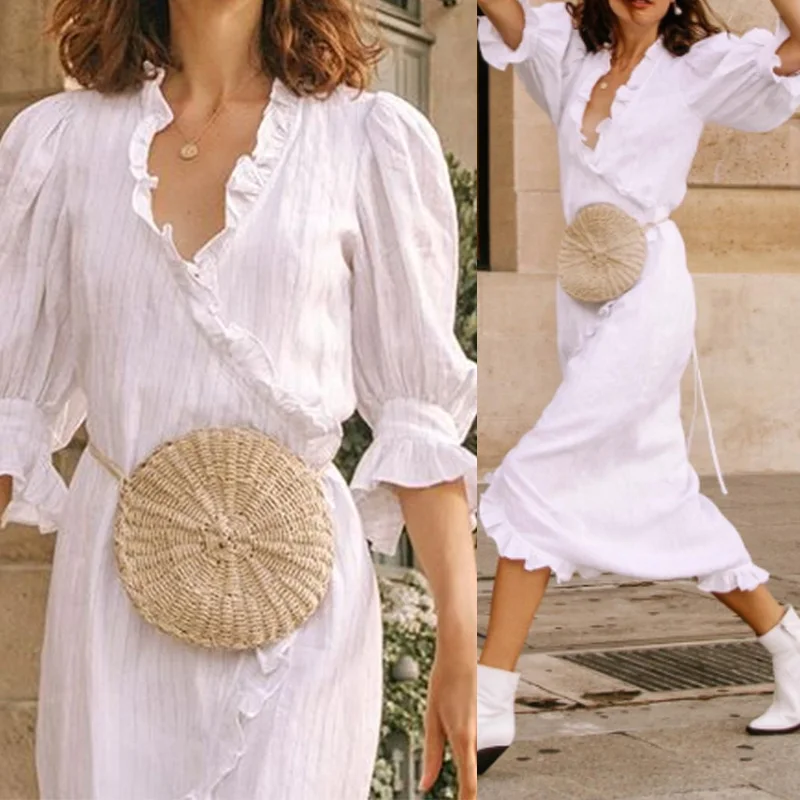 

Women's Sundress 2019 Celmia Summer V Neck Sexy Midi Dress Lady Casual Half Sleeve Striped Party Ruffle Vestidos Femme Plus Size