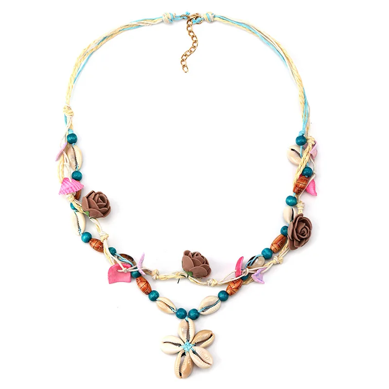 

New Europe Sea Summer Rope Chain Starfish Shell Necklaces Alloy Flower Wood Cloth Boho Layered Necklaces For Women Choker