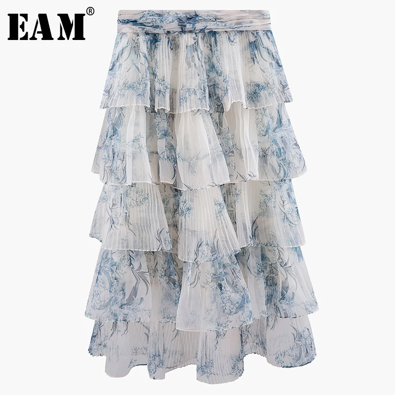 

[EAM] 2019 New Spring Summer High Elastic Waist Blue Pattern Printed Layers Cake Half-body Skirt Women Fashion Tide JT851