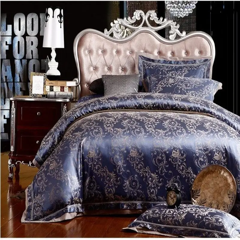 Blue Silk Cotton Jacquard duvet cover queen king size 4 6pcs Luxury Satin bedclothes bed linen