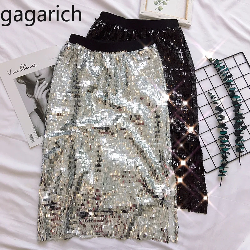 

Gagarich Sequin Skirt Female Spring 2019 New Bling Bling Silver Long Thin Loose High Waist Hip Skirt