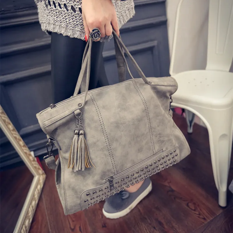 

JIULIN Rivet Vintage PU Leather Female Handbag Fashion Tassel Messenger Bag Women Shoulder Bag Larger Top-Handle Bags Travel Bag