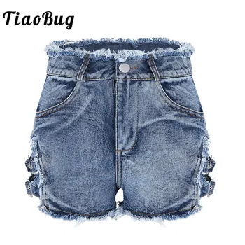 

TiaoBug Fashion Women Casual Sexy High Waist Hot Booty Shorts Frayed Raw Hem Side Buckles Club Party Dance Denim Shorts Jeans