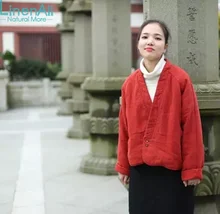 LinenAll 100% linen clothing women’s V-neck thick warm vintage jacket outerwear coat red and black color LinenAll MUYI
