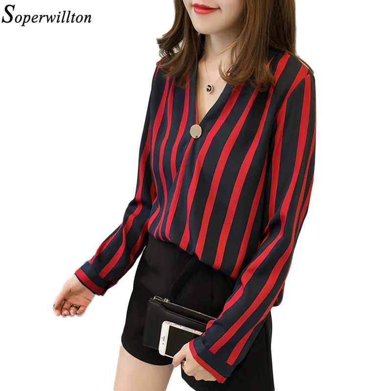 

2018 Autumn Top Women's Chiffon Blouse Female Striped Shirts Lady Fashion Deep V-neck Long Sleeve Woman Blusas Plus Size 4XL Z31