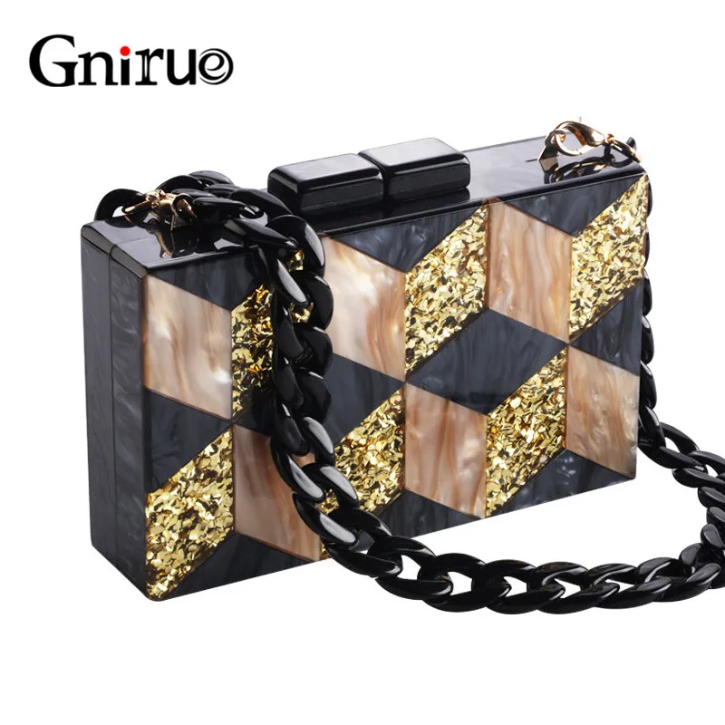 

New Black Acrylic Bags Glitter Women Messenger Bags Geometric Patterns Clutches Patchwork Evening Bag Party Prom Handbags