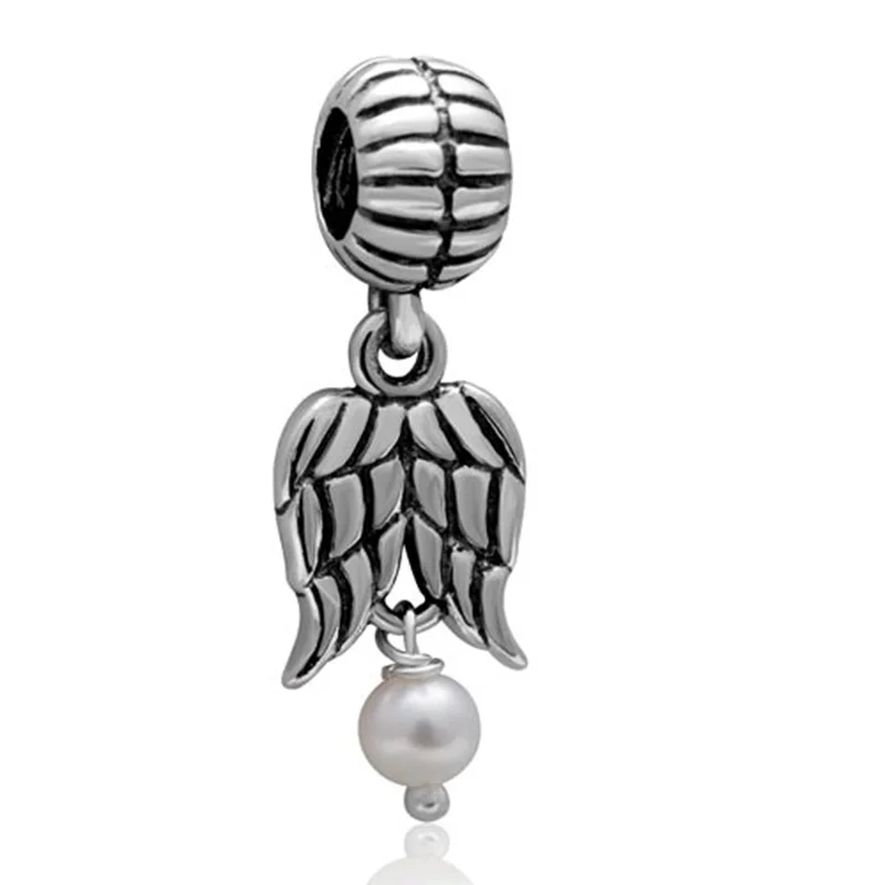 925 Sterling Silver Guardian Angel Wings Dangle Charms with White Pearl