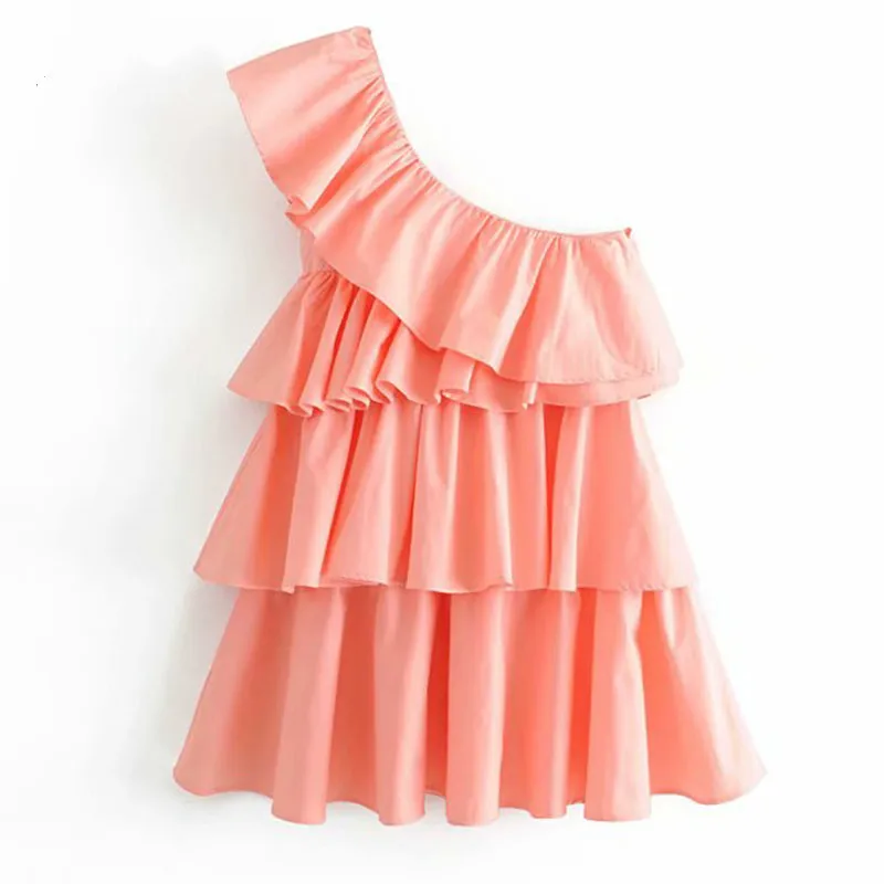 

Fashion 2019 Women Pink Layered Ruffle Asymmetric Dress Sexy Lady Oblique Neck Sleeveless Mini Party Dress Summer vestidos
