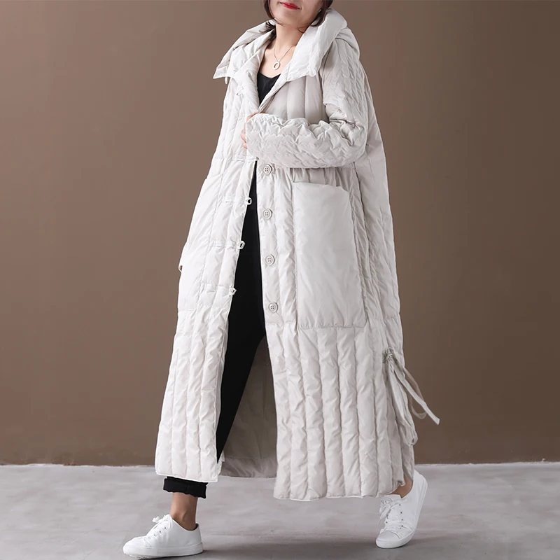 [EWQ] Зима, стиль, большой размер, одноцветное длинное однобортное пуховое пальто с капюшоном и воротником, AF640