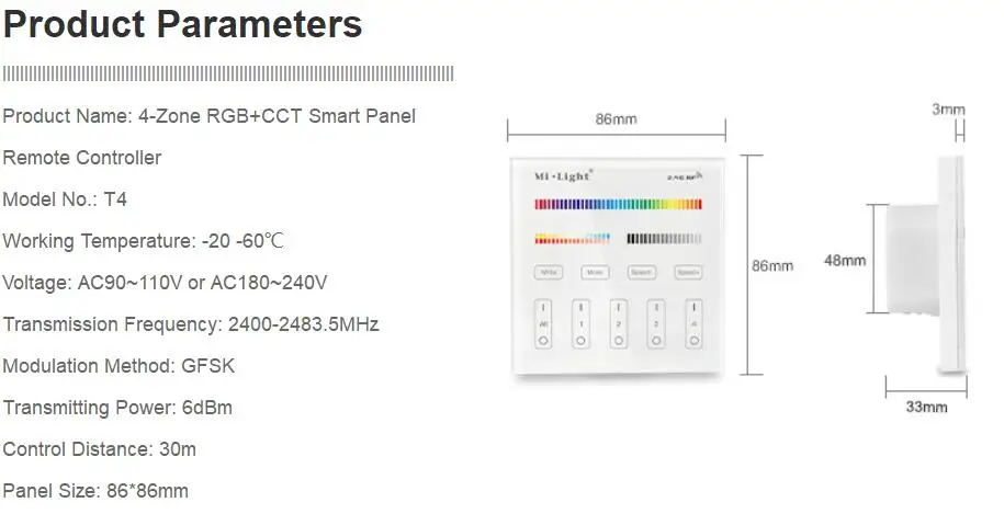 Milight AC 180-240 V 220 V T1 T2 T3 T4 4-Zone 2,4 GHz беспроводная сенсорная смарт-панель контроллер RGBW RGB+ CCT Яркость затемнения