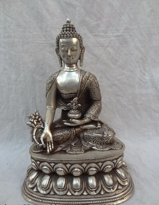 

14" Chinese Silver Shakyamuni Joss Tibet Dragon Head Robe Medicine Buddha Statue