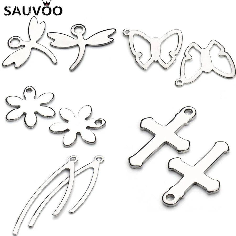 

SAUVOO 20Pcs/lot Stainless Steel Dragonfly Butterfly Cross Charms Pendant Hollow Metal Stamping Blanks Pendants Jewelry Making