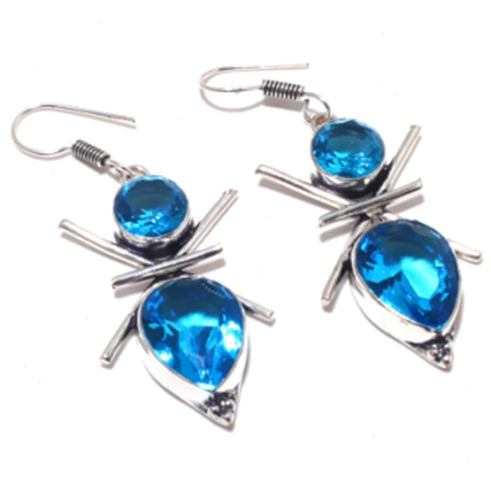Blu Topas, Argento Overlay Su Orecchini Di Rame, 57 Millimetri, E3785
