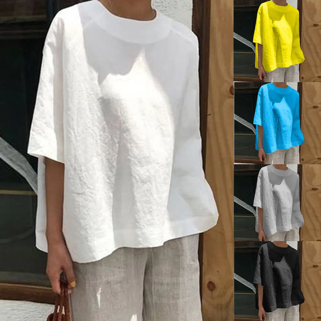

Female Casual Loose Linen Patchwork Plus Size Daily Tops Women's solid color pocket mid-sleeve cotton T-shirt camisetas mujer ve