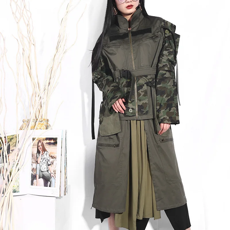 

LANMREM 2019 Spring Camouflage Green Design Irregular Patchwork Women's Coat Street Pockets Long Type Personality Jacket LD66