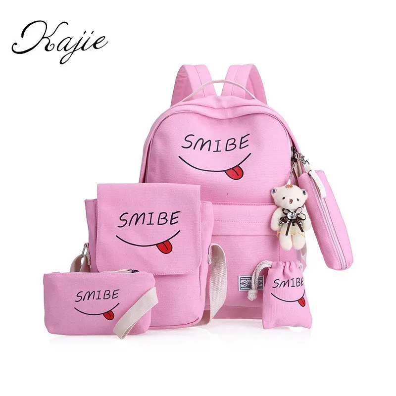 Kajie 2017 Women Canvas 5Set Backpack Printing Students Bookbag 5 Pcs School Bag Set For Youth Girls With Purse Bear Mochila bookbags-for-girls