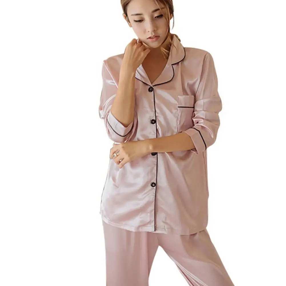 Женская пижама с длинными рукавами из сатина устанавливает ночную рубашку повседневные пижамы Женская повседневная одежда - Цвет: Розовый