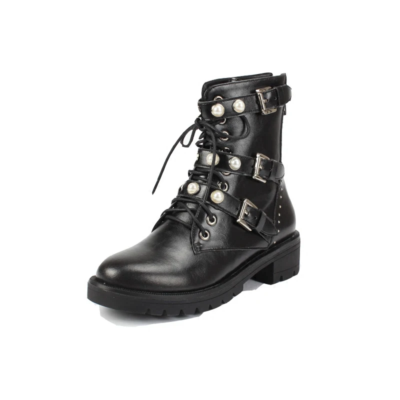

2018 European Luxury Brand Women Genuine Leather Motorcycle Boots Pearl Winter Shoes Women Botas Mujer Size 35-40