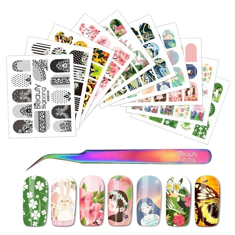 

BeautyBigBang 11Pcs/Set Water Nail Stickers Decals Floral Adhesive Manicure Stickers DIY Decals With 1PC Nail Art Tool Tweezer