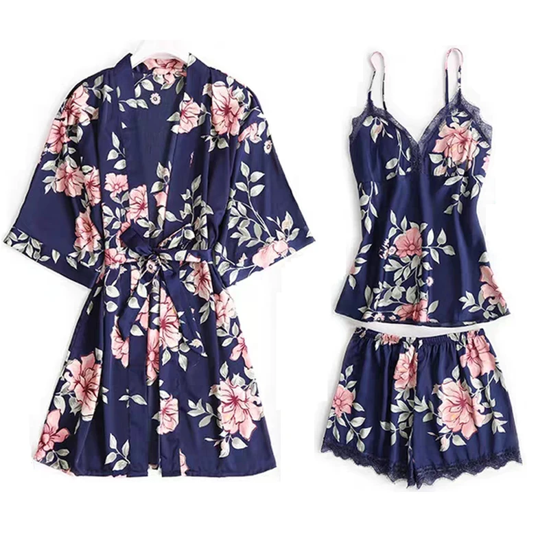 

3pcs/set Sexy Pajamas Sets Ice Silk Robe Sling Shorts Set Women Plus Size Floral Nightgown Sleepwear Spring Summer Homewear #F