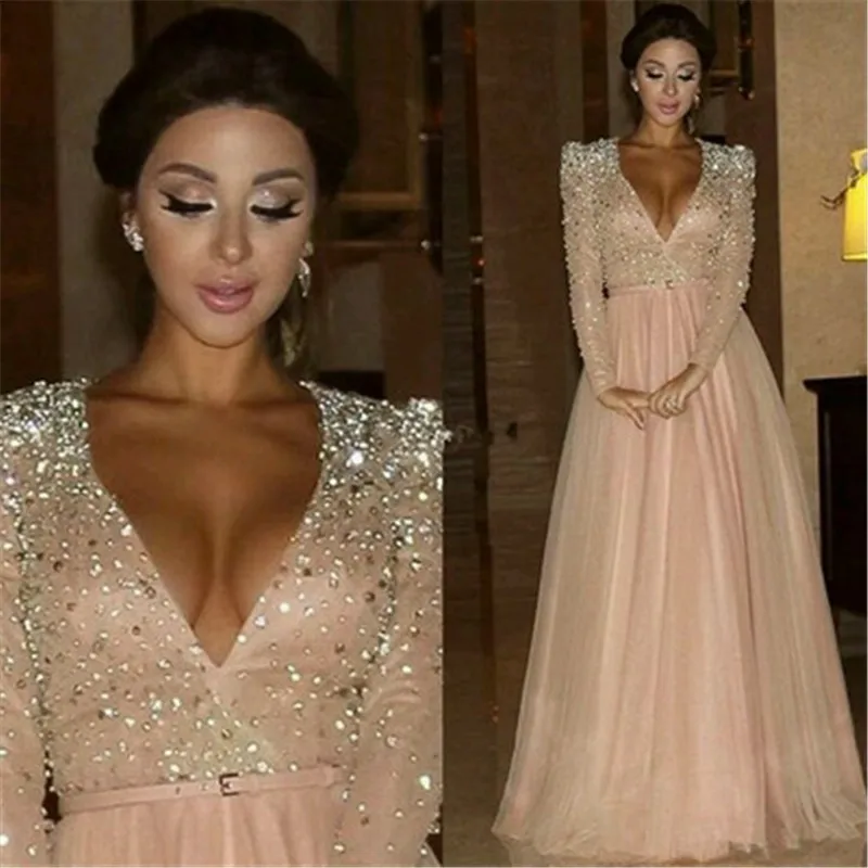 

abendkleider 2018 full Sleeve Evening Dresses robe de soiree Crystal Beaded Pink long evening dresses for women vestido de noiva