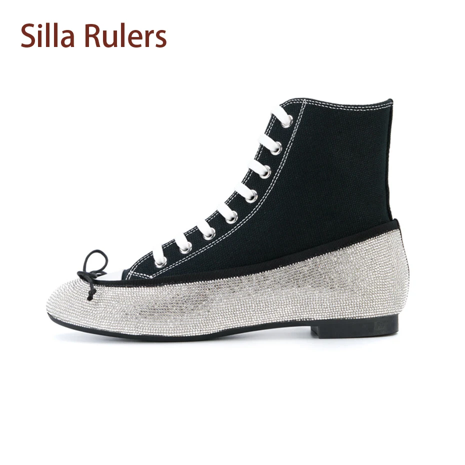 

Siller Rulers Fashion High Top Crystal Canva Shoes Bowtie Lace Up Woman Ankle Boots Rhinestone Sweet Girl Casual Shoes Flat Boot