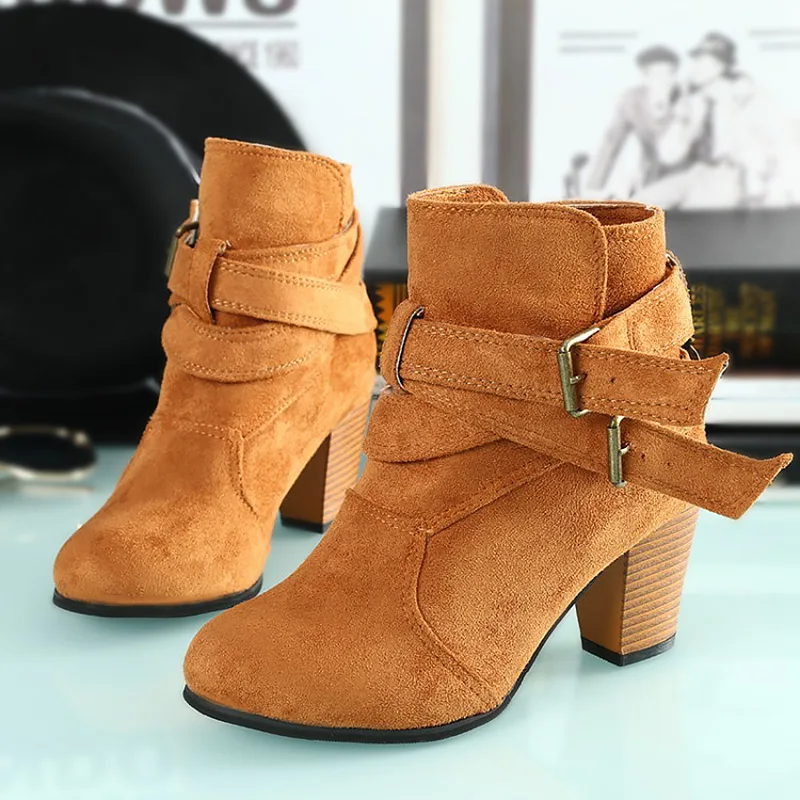 

Fashion winter ankle boots for women 2019 suede low heel buckle boots women shoes square heel metal button short women boots