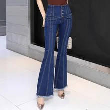 Осенне-весенние модные женские джинсы с высокой талией и пуговицами, эластичные синие джинсовые брюки с кисточками, Осенние эластичные джинсовые брюки для женщин