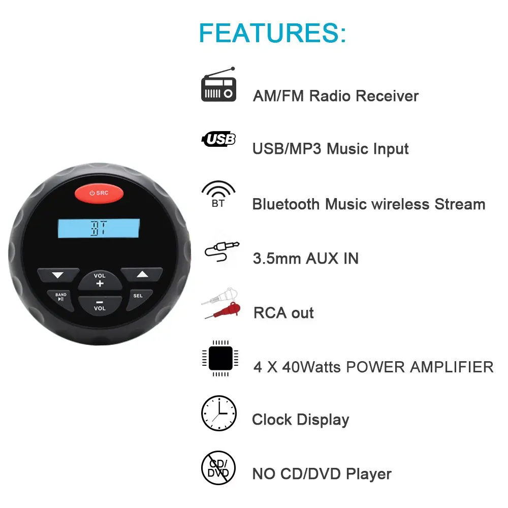 US $108.79 Waterproof Marine Bluetooth Radio Stero Boat Audio Sound System FM AM MP3 Player 4 Inch Marine Outdoor Speakers ATV Antenna