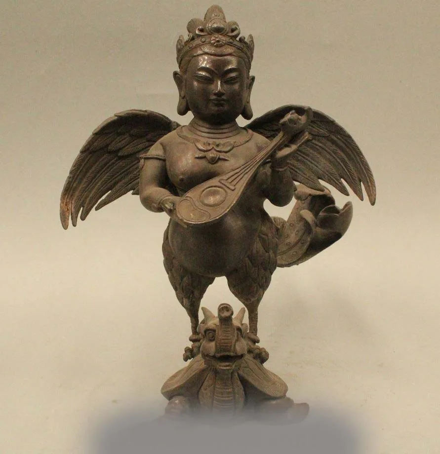 

9" Tibet Tibetan Bronze Stand Dragon Turtle pipa Lute Kwan-Yin Bird Buddha Statu