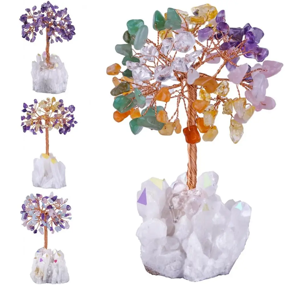 TUMBEELLUWA 4.5''Natural Crystal Lucky Money Tree, Aura Titanium Coated Rock Quartz Cluster Base Bonsai Sculpture for Home Decor reiki love heart crystal money tree with rough amethyst cluster base natural minerals gemstone crafts gift nordic home ornaments