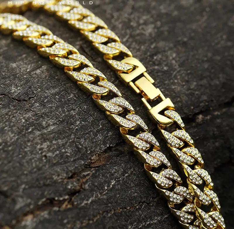

Bling Miami Curb Cuban Chain Necklace For Men Gold Silver Hip Hop Iced Out Paved Rhinestones CZ Rapper Necklace Jewelry 29inch
