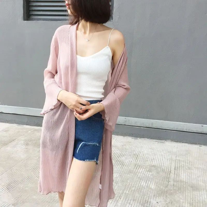 

MLXSLKY 2019 summer new cardigan chiffon trumpet sleeves women's sun protection shirt women's long cardigan
