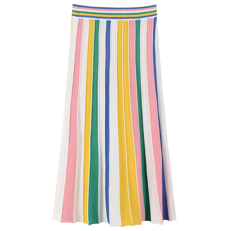 Элегантная женская эластичная плиссированная юбка с высокой талией Радужная полосатая трикотажная юбка H121